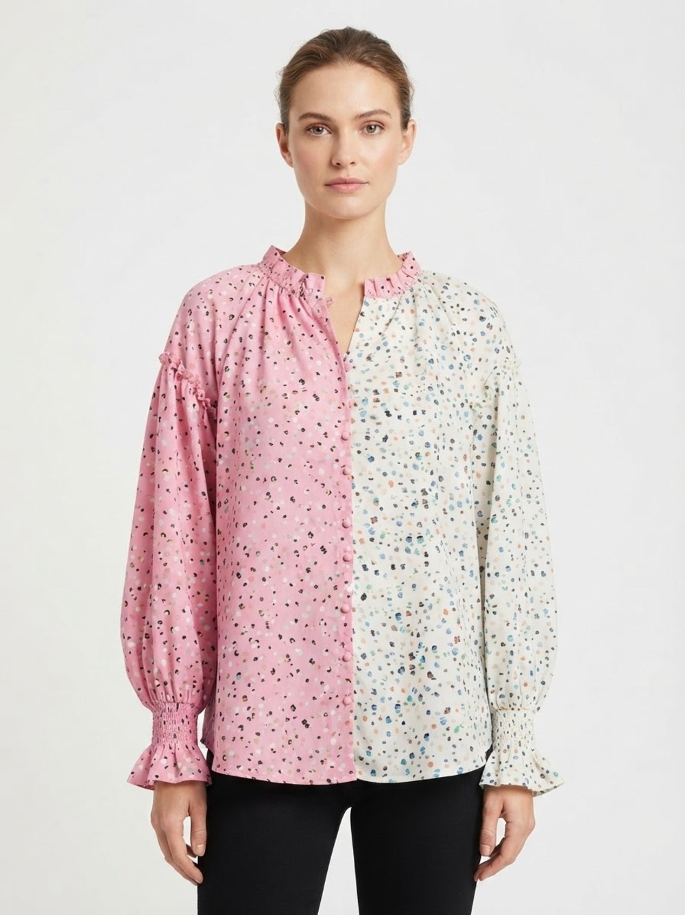 Entro Split-Color Confetti Print Blouse